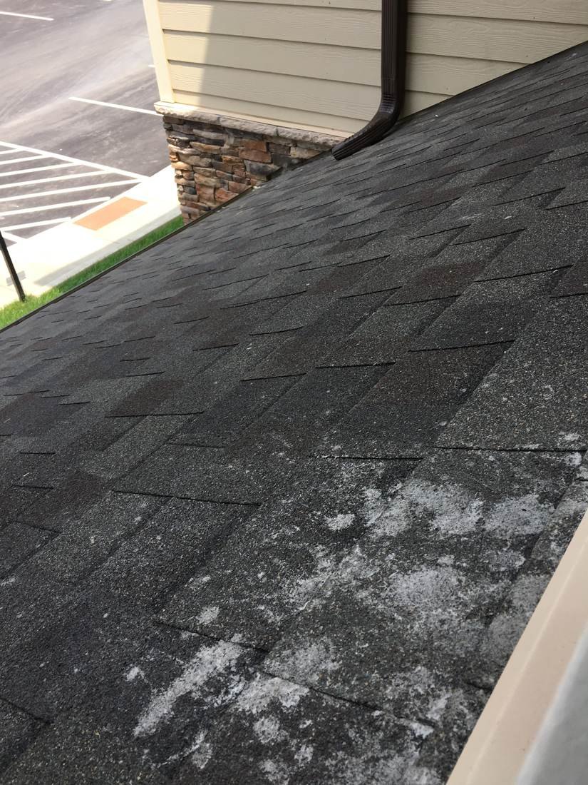 Close-up of mortar splatter staining on new shingles