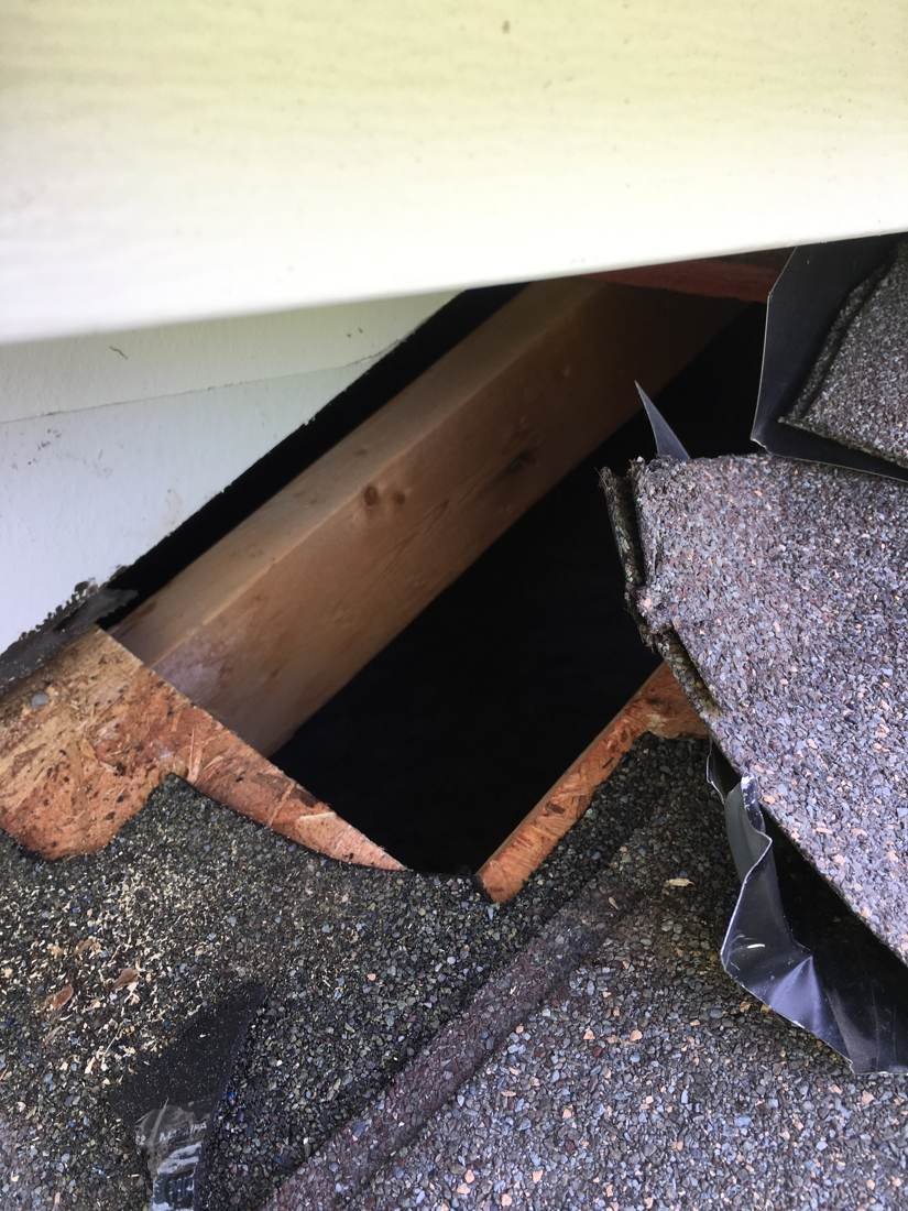 Gap in rotted roof decking near the eave exposing the rafter tail, Tennessee