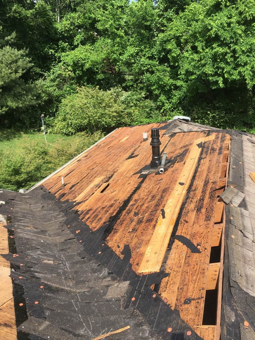 Bare roof decking exposed after tear-off in Murfreesboro, Tennessee