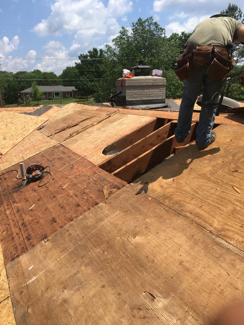 Crew member installing new roof decking