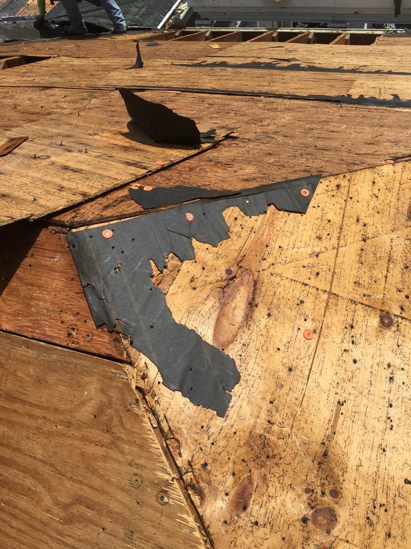 Section of roof decking needing replacement found during tear-off