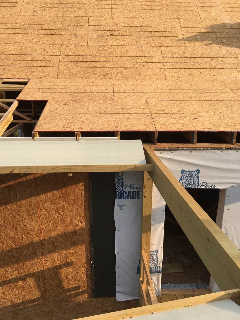 Close-up of roof decking and wall sheathing during new-construction framing on an apartment building near downtown Nashville, Tennessee