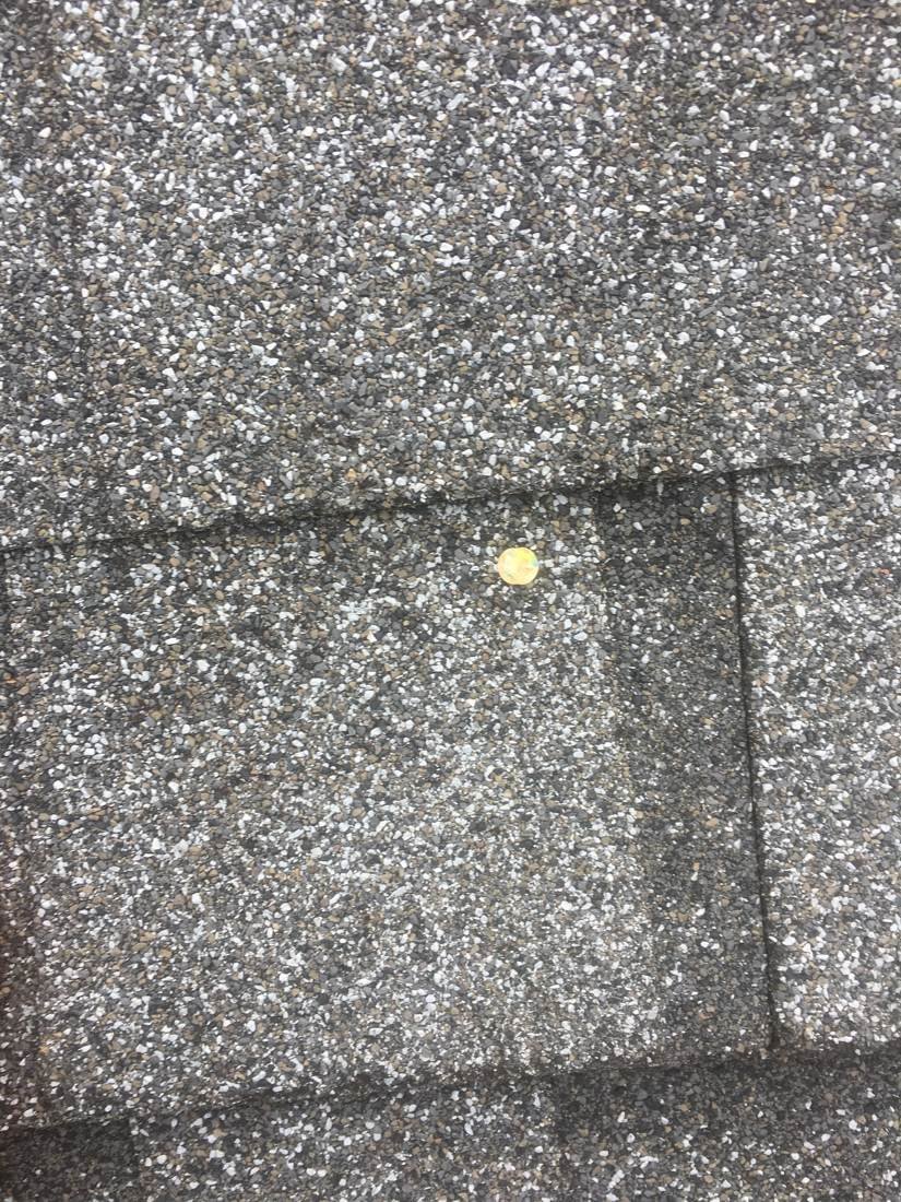 Roof shingle with a nail pop marked with paint during a roof inspection