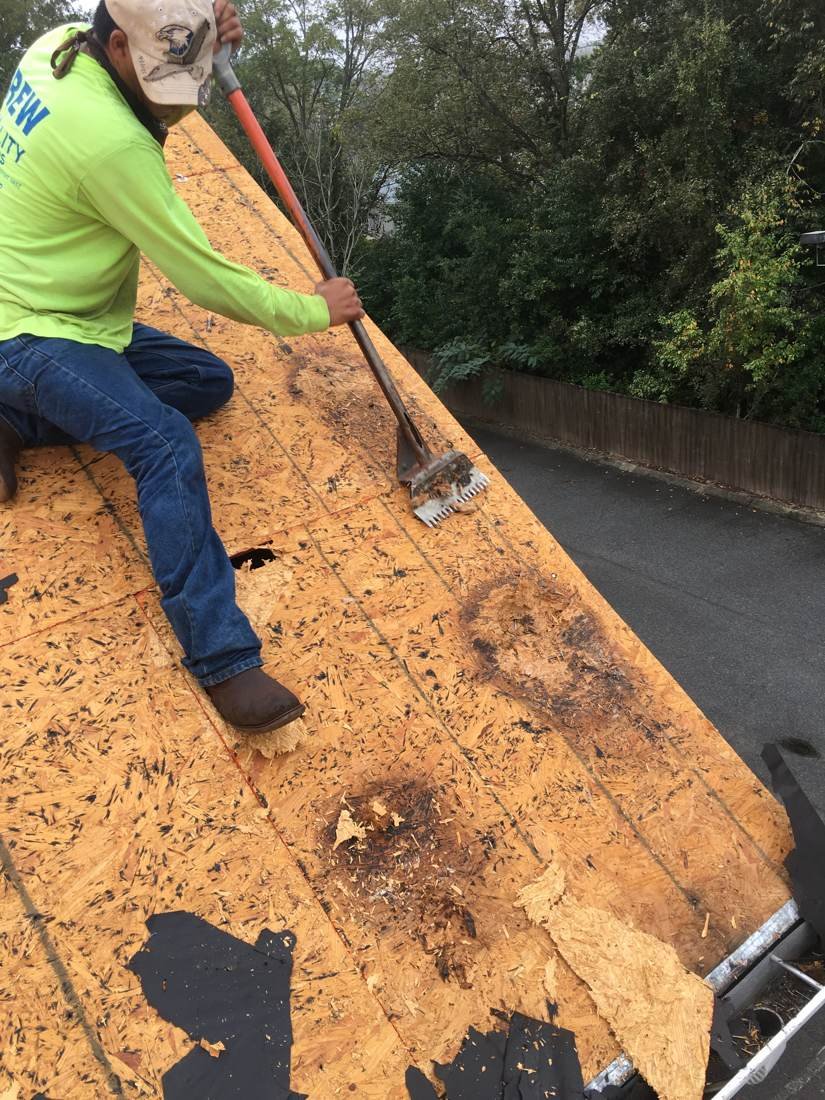 GEJ Roofing crew member tearing off old shingles on an apartment building roof, Statesboro, Georgia